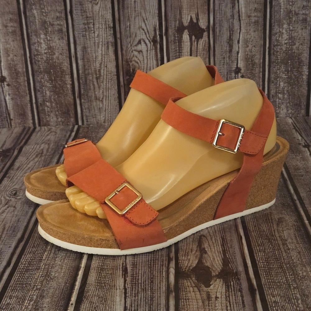 Sz 10.5-11 Aetrex Lexa Coral Pink Leather Buckle Cork Wedge Sandals VGUC